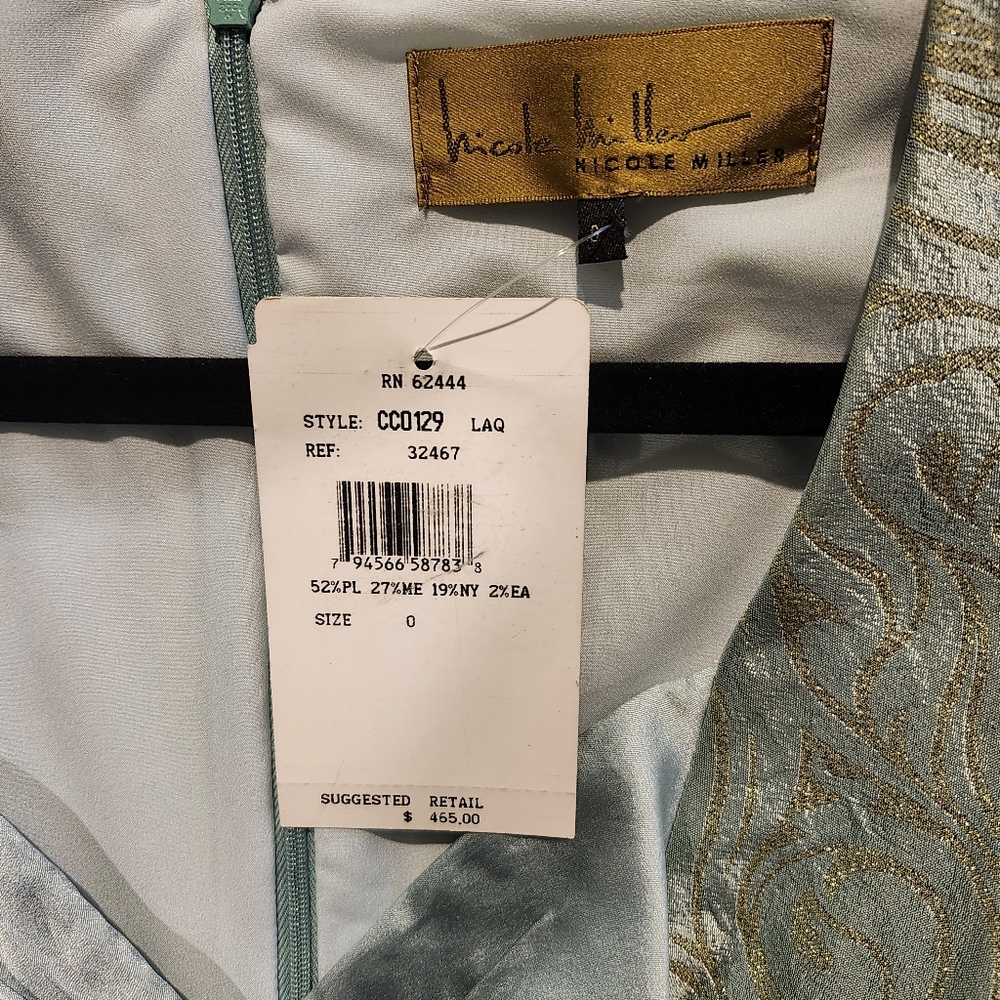 Nicole Miller Satin light blue shiny dress with gold accents size 0 NWT - Picture 10 of 11
